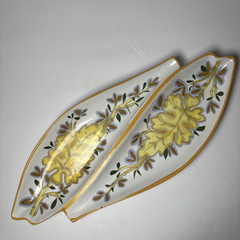 Vintage Italian Divided‎ Serving Dish Leaf Yellow Floral Pottery Oblong